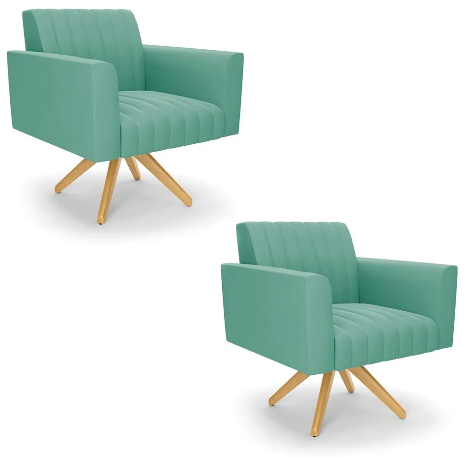 Kit 2 Poltronas Giratória Viena Gomada Suede Base de Madeira MA30 - Azul Turquesa