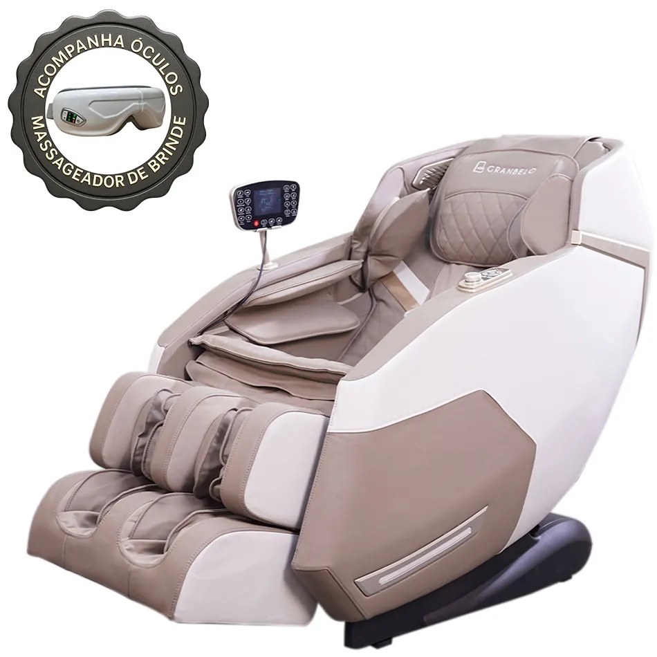 Poltrona de Massagem Reclinação Gravidade Zero Elétrica 3D Marvin Tela LCD com Óculos Massageador de Brinde PU Bege G94 - Gran Belo