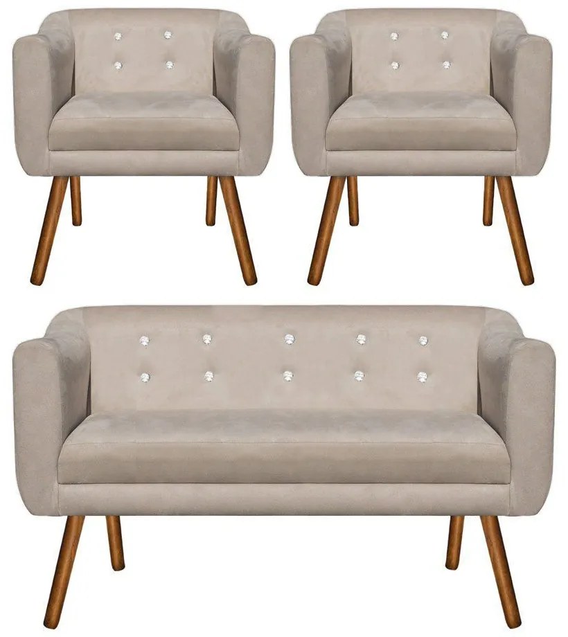 Kit 01 Namoradeira 02 Lugares e 02 Poltronas Julia Suede Bege com Strass Pés Palito Castanho D'Rossi
