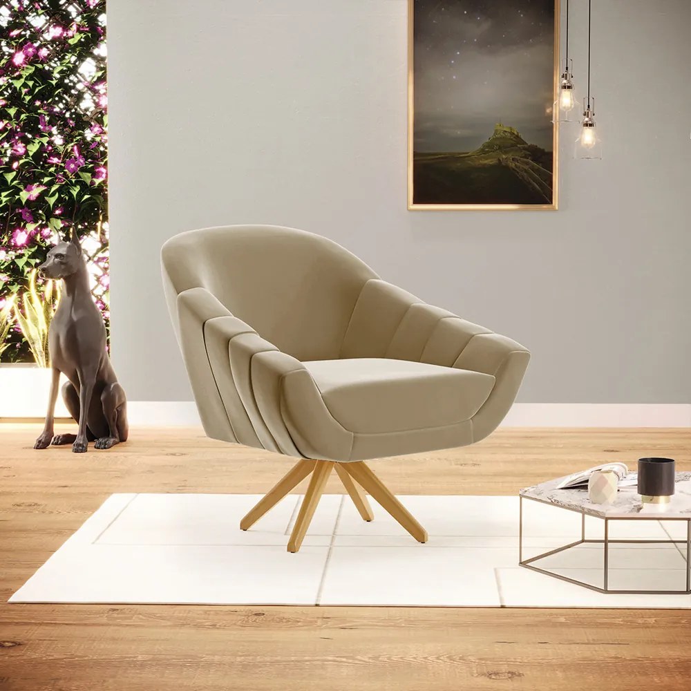Poltrona Giratória Giovana Suede Base Madeira MA30 - D'Rossi - Marrom Rato
