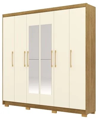 Guarda Roupa Com Espelho Pernambuco 6 Portas e 6 Gavetas Nature/Champanhe – Vila Rica Móveis