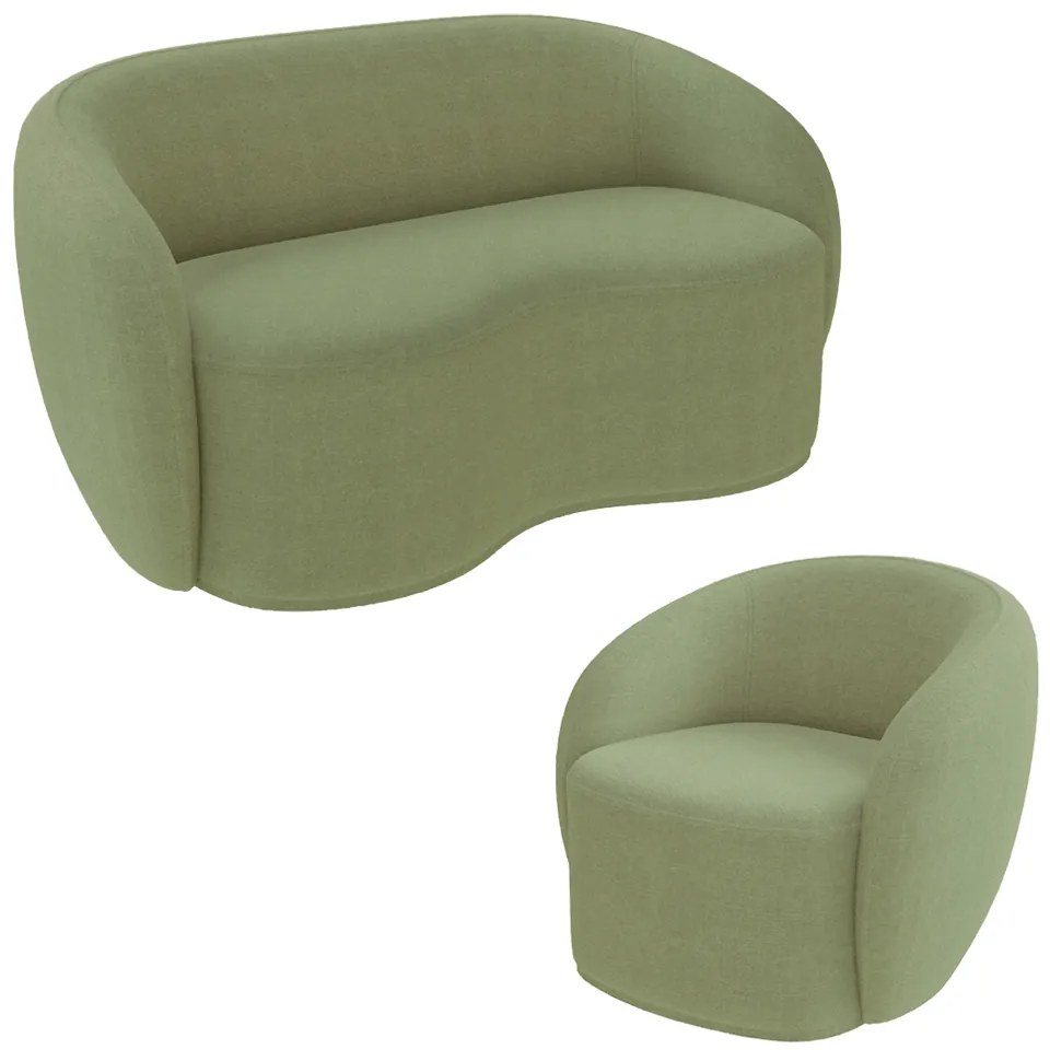 Conjunto 1 Sofá Living 180cm e 1 Poltrona Decorativa Sala de Estar Íbis Encosto Fixo Bouclê Verde G33 - Gran Belo