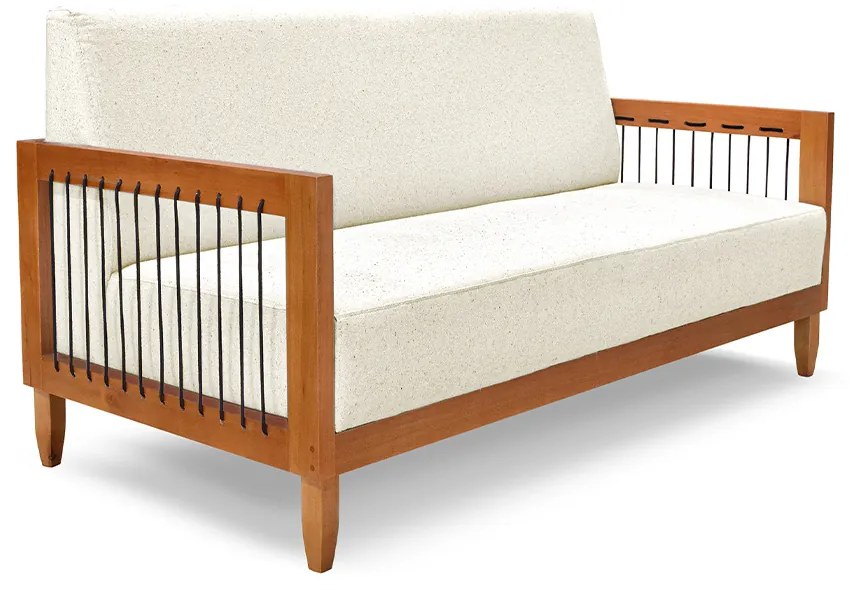 Sofá Namoradeira 2 Lugares Sala de Estar Pés Madeira Maciça Corda Náutica Preta 160cm Manila Linho Off White Rústico G63 - Gran Belo