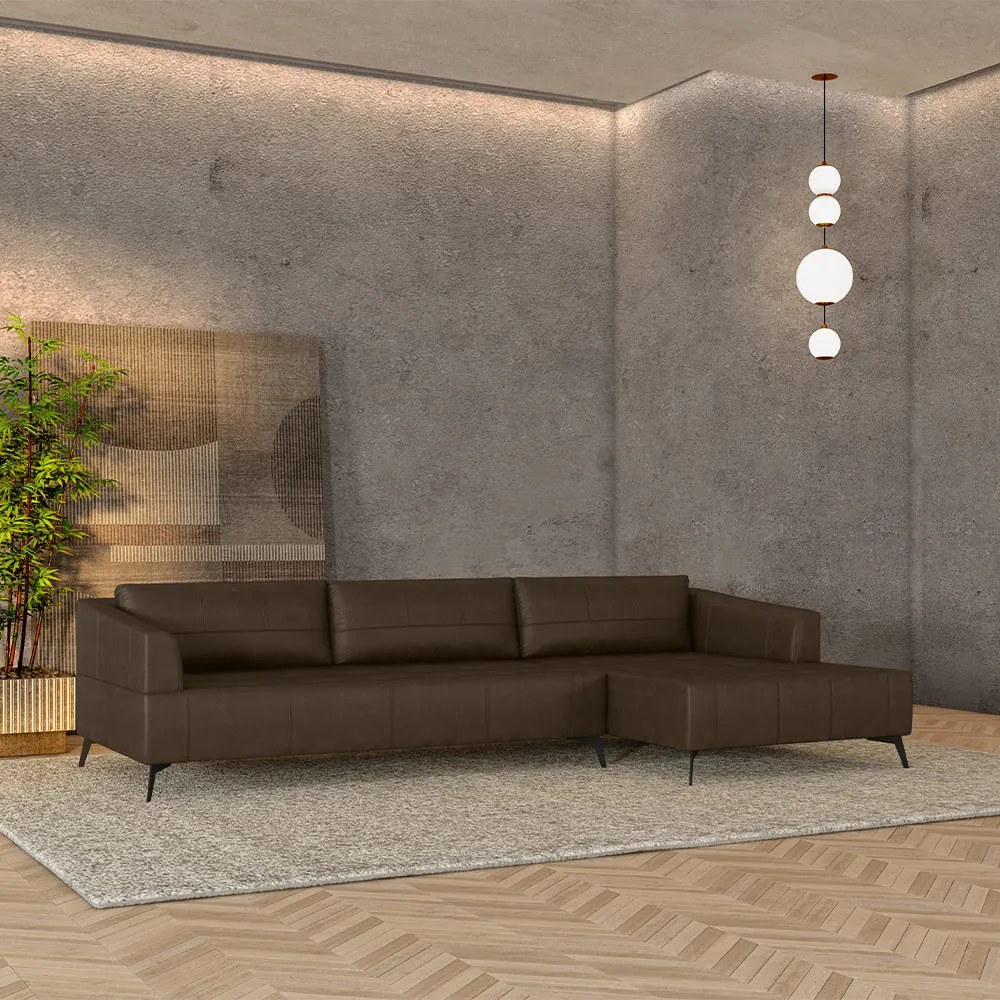 Sofá Bipartido Sala de Estar Kiara 352cm Chaise Direito Pés de Ferro Couro Marrom Manchado G52 - Gran Belo