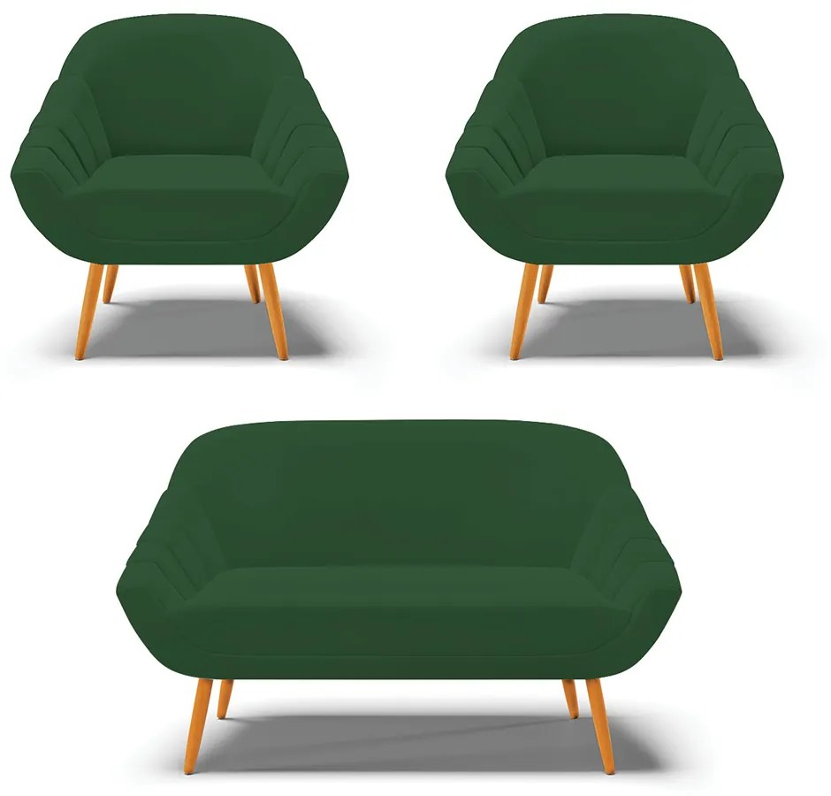 Kit 01 Namoradeira 02 Lugares e 02 Poltronas Giovana Veludo Verde Pés Palito Castanho - D'Rossi