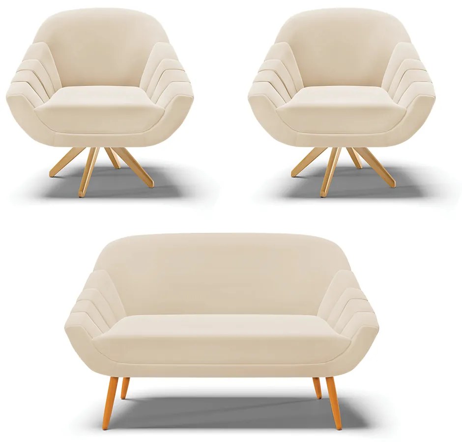 Kit 01 Namoradeira 02 Lugares e 02 Poltronas Giratória Giovana Suede Bege Base Madeira MA30 - D'Rossi