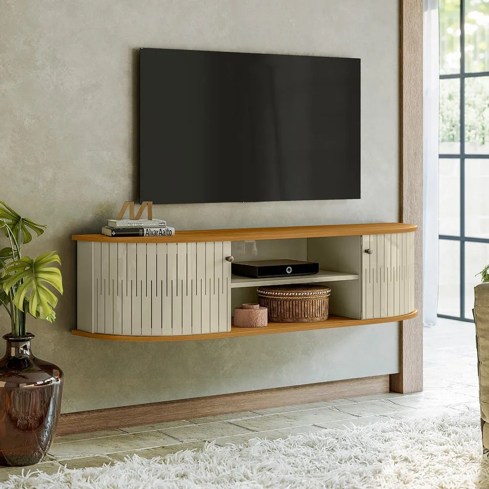 Rack TV 60 Pol 136cm Bancada Suspenso Ripado Norezi Cumaru/Opala M20 - D'Rossi