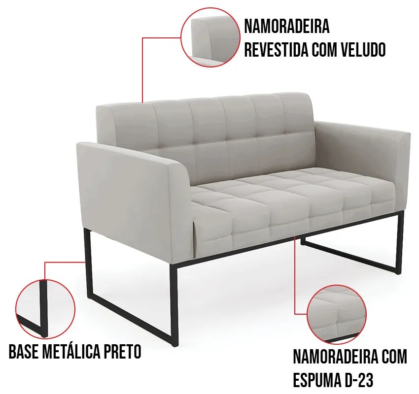 Kit 1 Sofá Namoradeira e 1 Poltrona Elisa Veludo Base Metálica Industrial Preto D03 - D'Rossi - Cinza