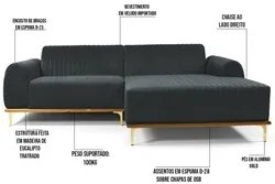 Sofá 255cm 4 Lugares com Chaise Direito Pés Gold Molino C-317 Veludo C