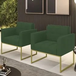 Poltrona Base Industrial Dourado Kit 2 Ana Veludo Verde - Ibiza
