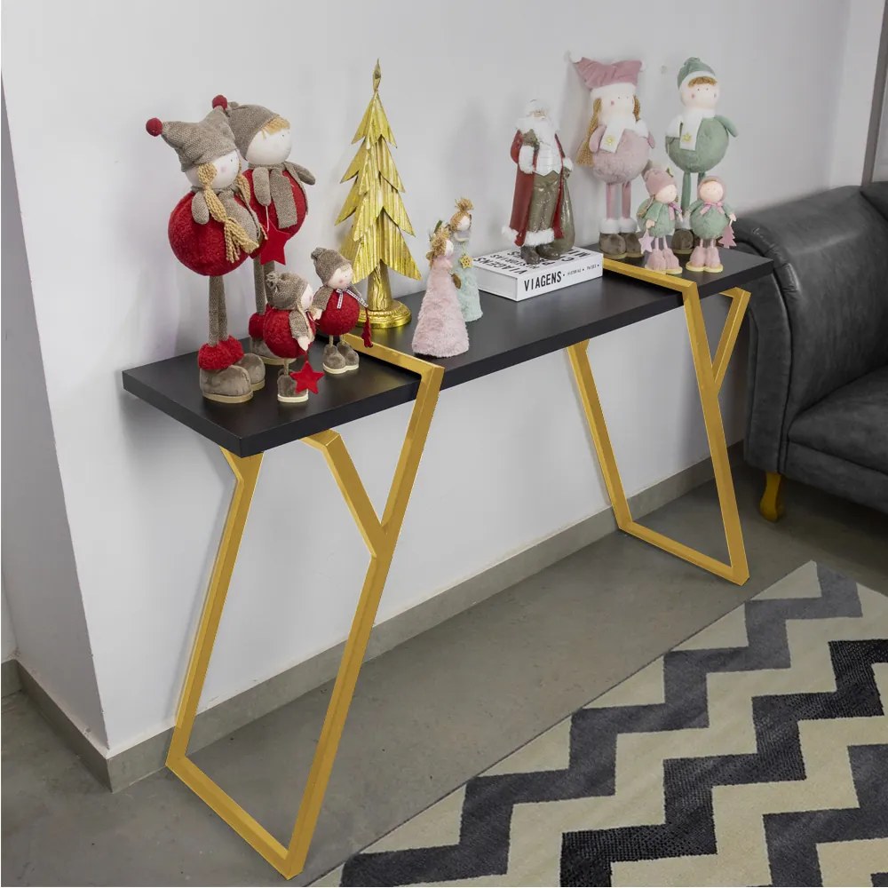 Aparador Sala Industrial Brooklyn Preto Base Metal Dourado L06 - D'Rossi