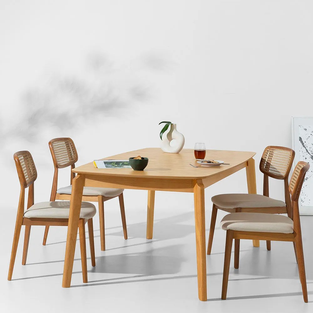 Conjunto Mesa de Jantar Lalá Retangular Carvalho Americano - 1,80mx1,00m + 4 Cadeiras Lótus Encosto Palha Larga - Trenddie Cru
