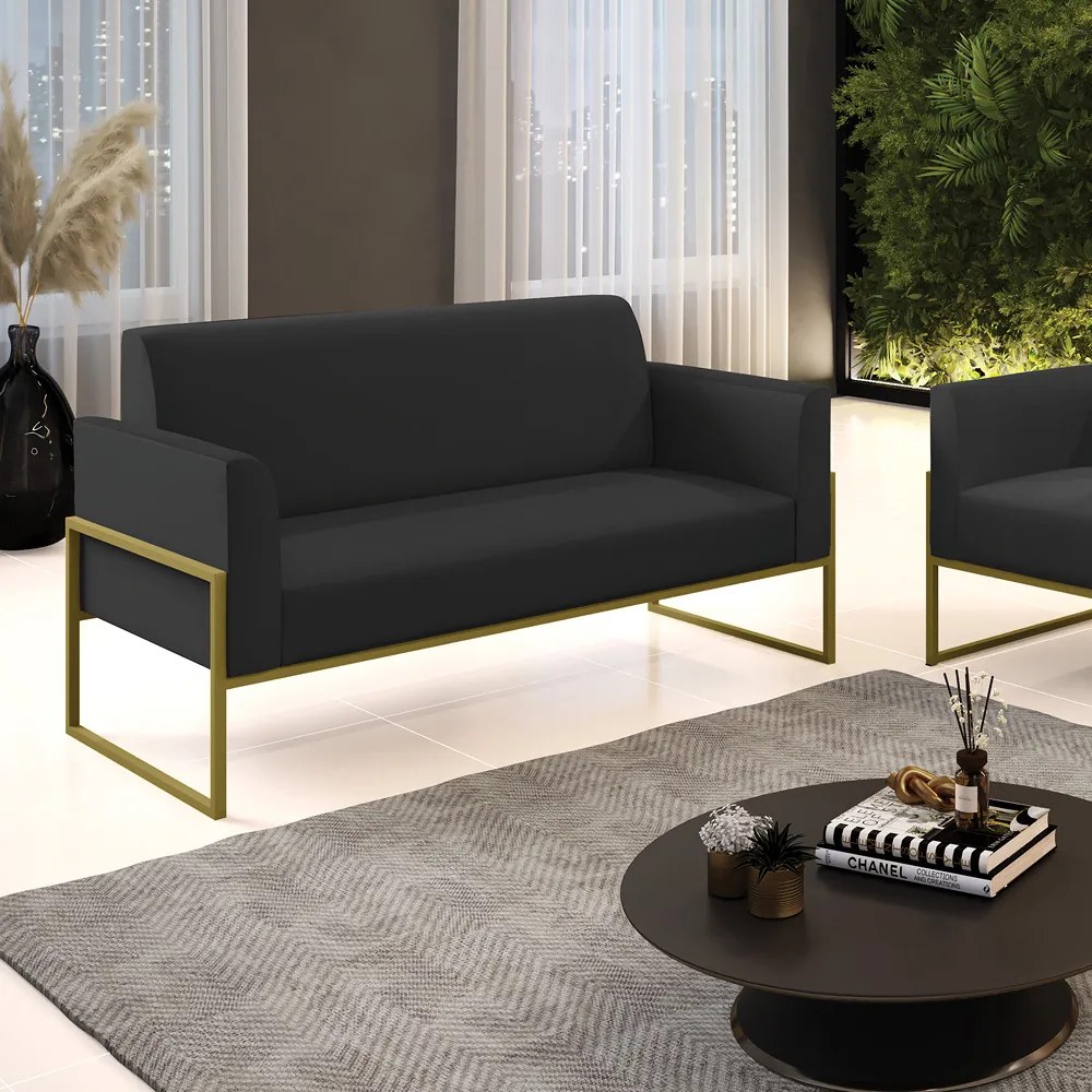 Sofá Namoradeira Base Industrial Alta Dourado Marisa Corino D03 - D'Rossi - Preto