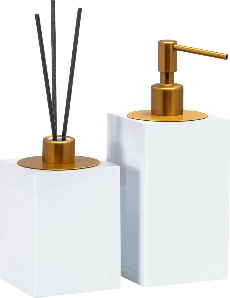 Conjunto Banheiro Duo Quadrado Resina - Branco - Ouro Escovado  Branco - Ouro Escovado