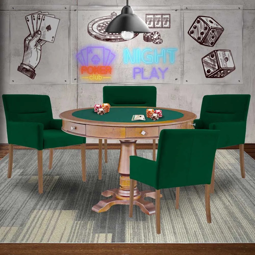 Mesa de Jogos Carteado Victoria Redonda Tampo Reversível Amêndoa com Kit 4 Cadeiras Vicenza Verde G36 G15 - Gran Belo