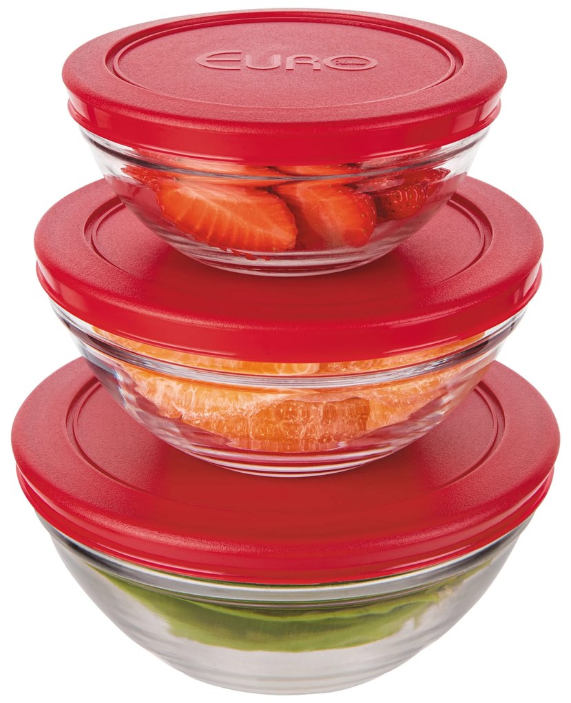 Conjunto de Potes de Vidro Com Tampa Vermelho (3 Peças)