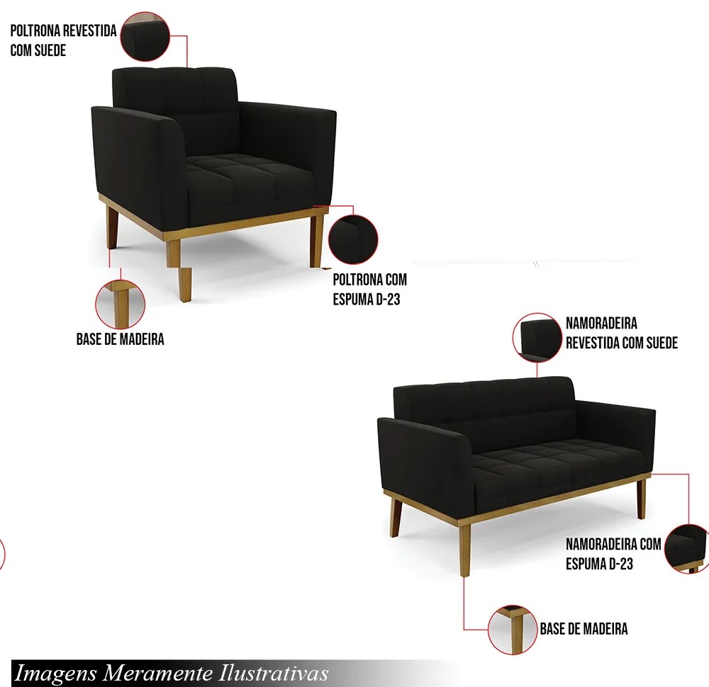 Conjunto 2 Poltronas e 1 Namoradeira Decorativa Karen Pés Fixo em Madeira Castanho Suede Preto G19 - Gran Belo