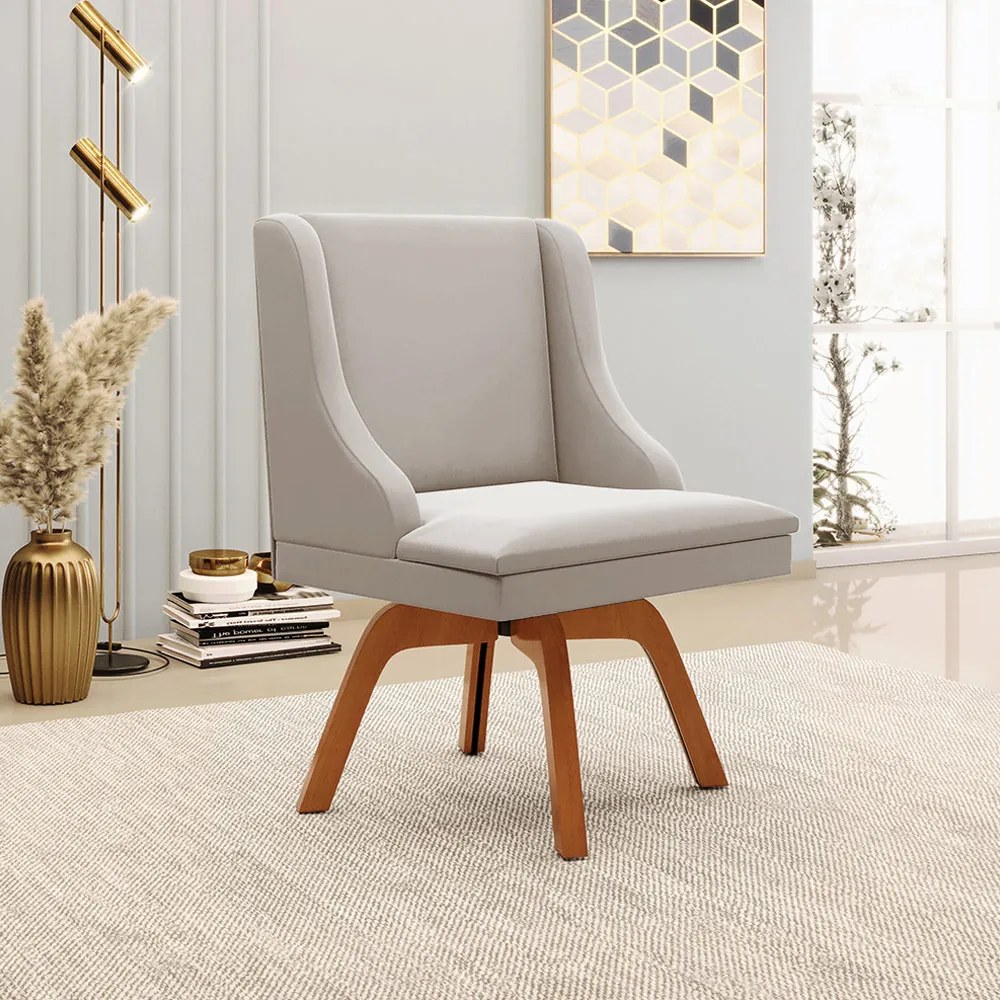 Kit 6 Cadeiras Decorativas Sala de Jantar Base Giratória de Madeira Firenze Veludo Cinza/Natural G19 - Gran Belo