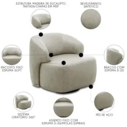 Poltrona Giratória Living Orgânica Donk L08 Sintético Gelo   - Mpozena