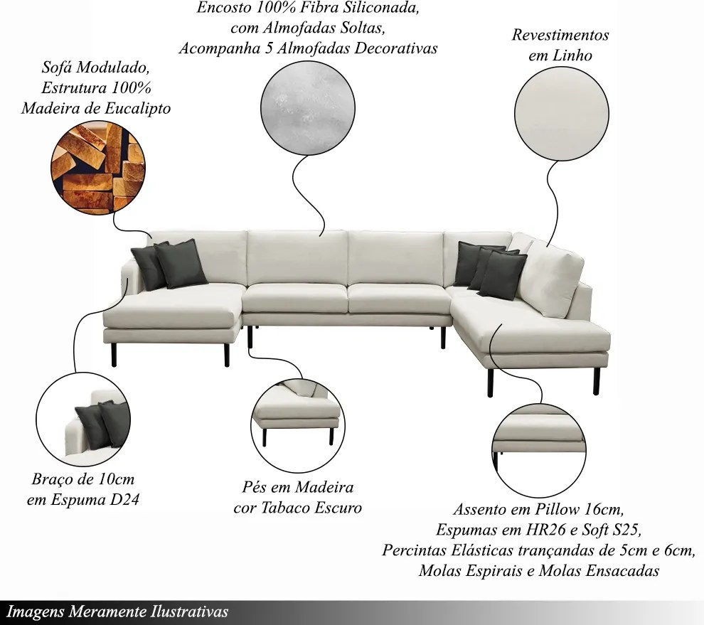 Sofá Decorativo Sala de Estar Osaka 430cm Modulado em U com Almofadas Pés em Madeira Linho Off White G89 - Gran Belo