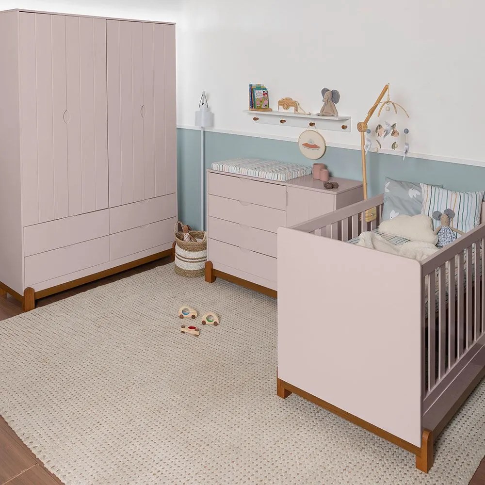 Kit Quarto Infantil Lotus Berço Mini Cama + Cômoda 4 Gavetas e 1 Porta + Guarda-Roupa 4 Portas com 4 Gavetas - Rosa Fosco