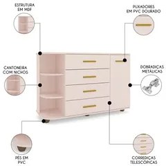 Cômoda Infantil com Cantoneira e 4 Gavetas 100% MDF New Lorena Rosê -