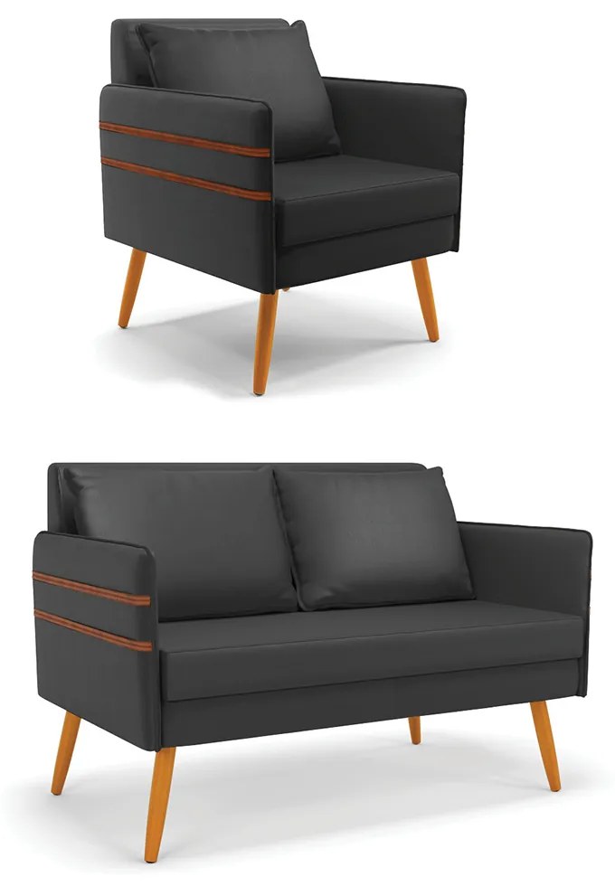 Kit 01 Namoradeira 02 Lugares e 01 Poltrona Mari Corino Preto Pés Palito Castanho - D'Rossi