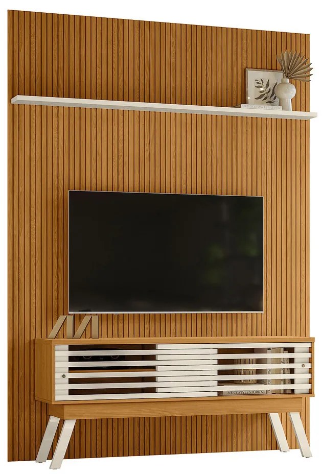 Conjunto Painel com Bancada Tremor 2 Portas Deslizantes 2 Prateleiras MDP até 65 Cinamomo/OffWhite G97 - Gran Belo