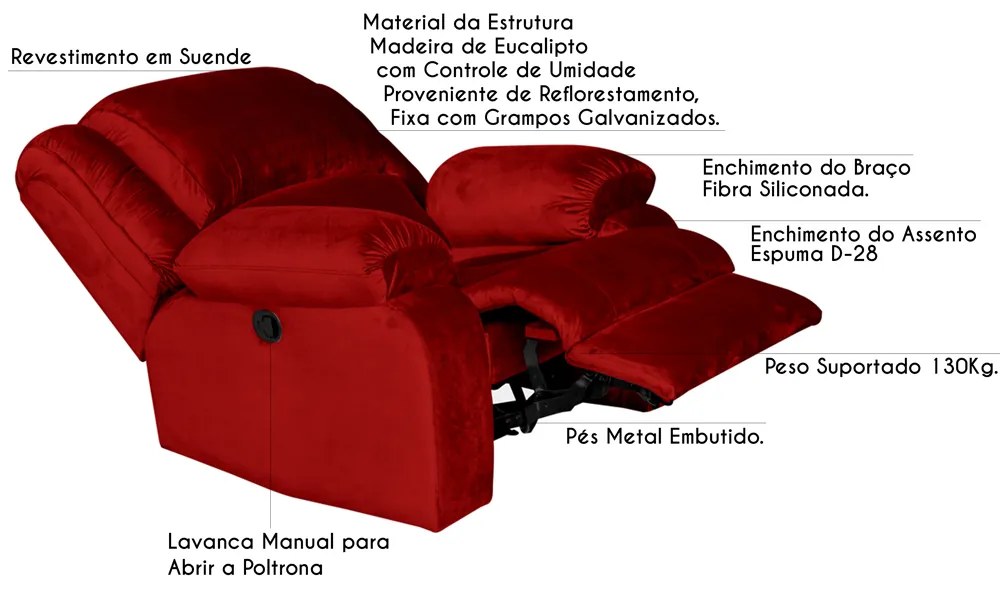 Poltrona do Papai Reclinável Manual Magnum Veludo Vermelho G23 - Gran Belo