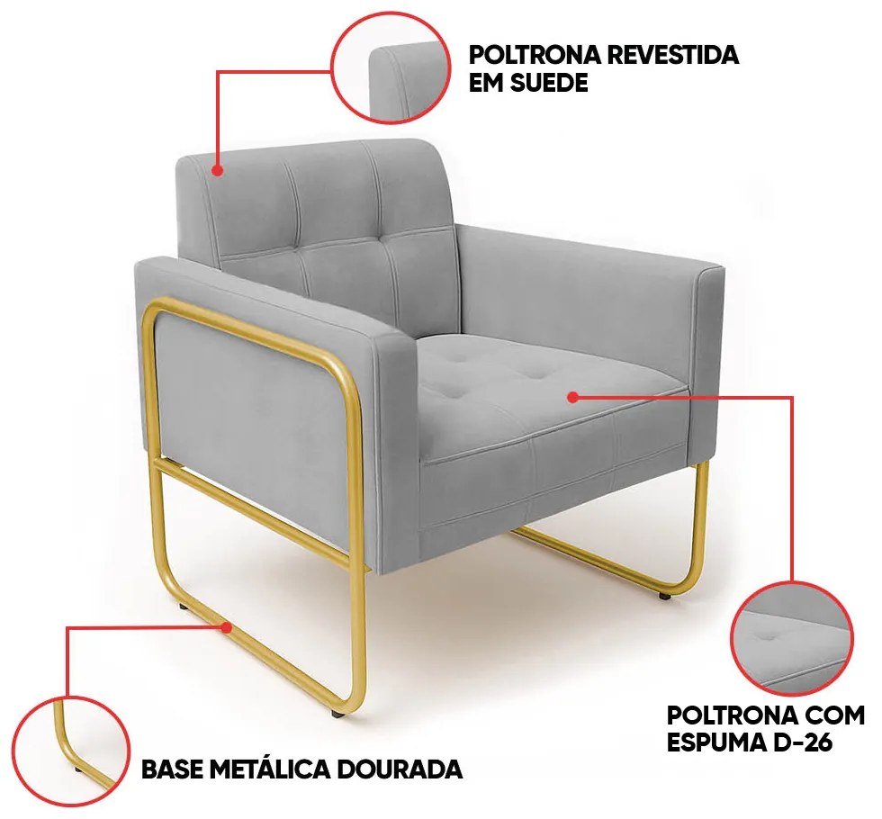 Poltrona Sala Industrial Alta Tubo Dourado Elisa Suede D03 - D'Rossi - Cinza