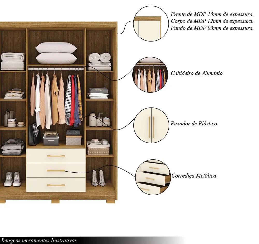 Guarda Roupa Solteiro Linna 150cm 4 Portas de Bater 3 Gavetas Nature/OffWhite G98 - Gran Belo
