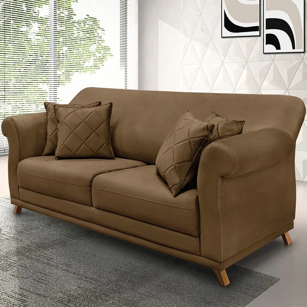 Sofá 2 Lugares Pé de Madeira Julieta 180 cm Suede S04 - D'Rossi - Caramelo