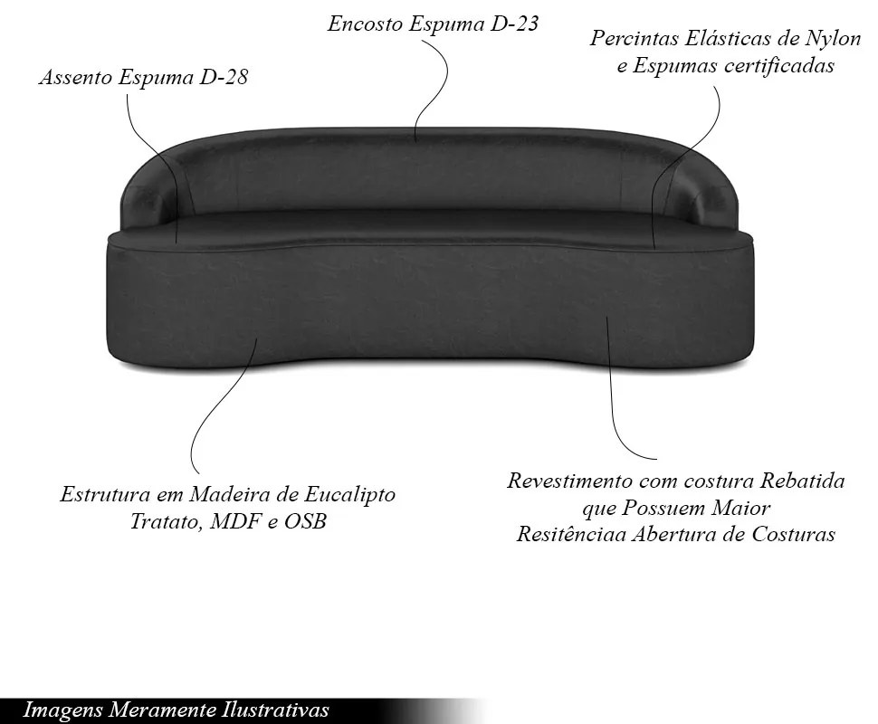 Sofá Decorativo 3 Lugares 210cm Joel Curvo com Encosto PU Preto G15 - Gran Belo