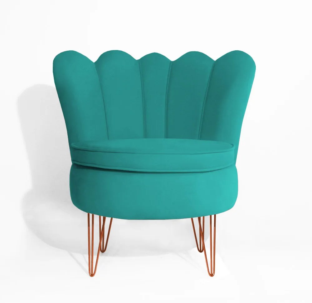 Conjunto 2 Poltrona Dália com 2 Puff Chloe Pés Hairpin Legs Bronze Veludo Azul Tiffany