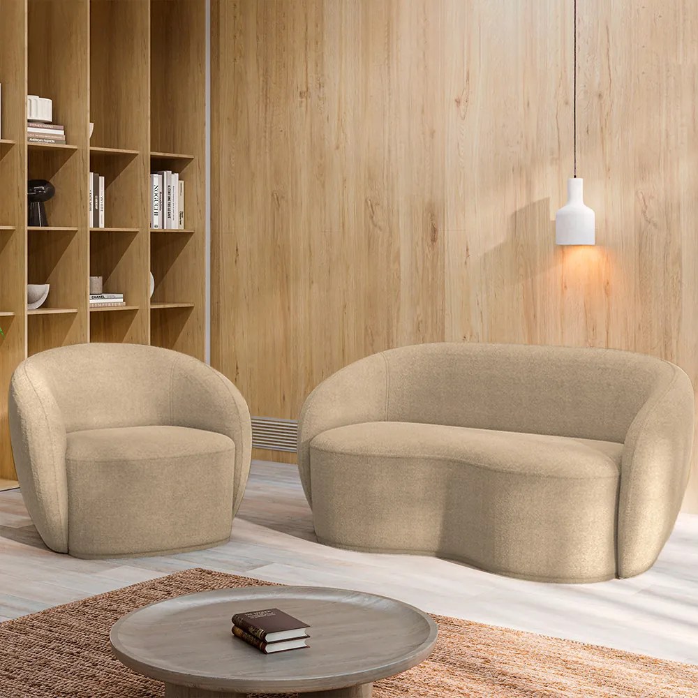 Conjunto 1 Sofá Living 180cm e 1 Poltrona Decorativa Sala de Estar Íbis Encosto Fixo Bouclê Bege G33 - Gran Belo
