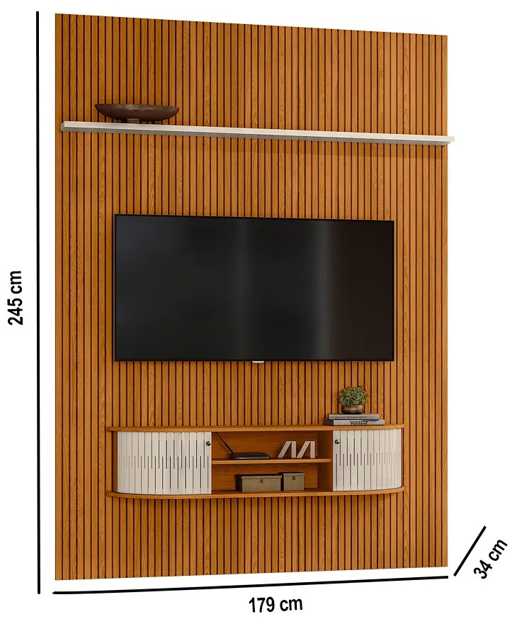 Painel TV 65 Pol 179cm Ripado Valen e Bancada Suspensa Norezi Cinamomo/Off White M20 - D'Rossi