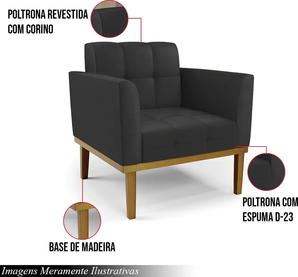 Kit 2 Poltronas Decorativas Karen Pés Fixo em Madeira Castanho PU Preto G19 - Gran Belo