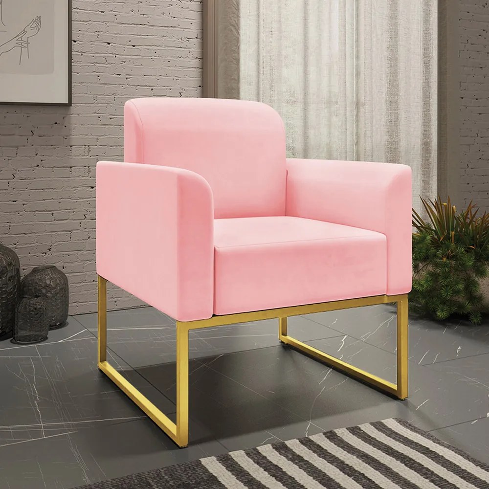 Kit 2 Poltronas Decorativas Isabella Base Industrial Suede Rosa Bebê/Dourado G19