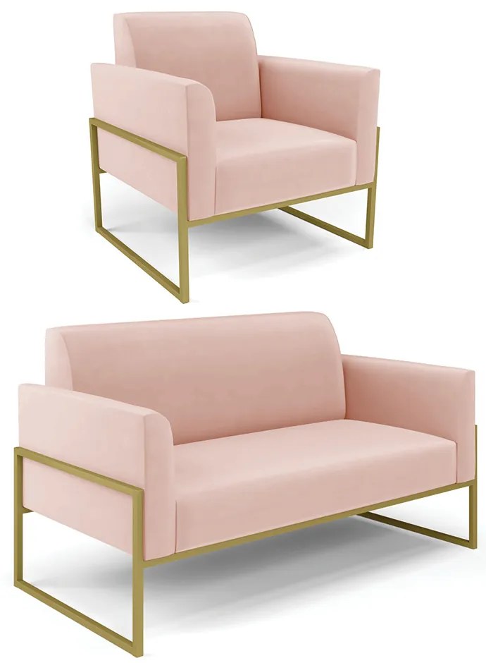 Sofá Namoradeira com Poltrona Base Industrial Alta Dourado Marisa Veludo Rosê