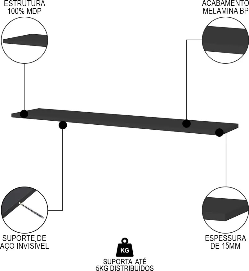 Prateleira Madeira Flutuante Multiuso Kit 4 91x20 Luara L06 - D'Rossi - Preto