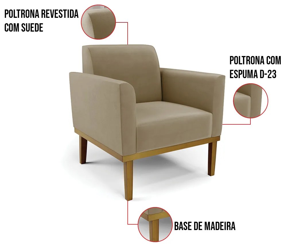 Kit 2 Poltronas Base de Madeira Fixa Castanho Marisa Suede D03 - D'Rossi - Marrom Rato