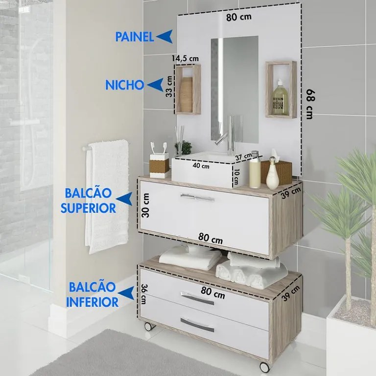 Conjunto De Banheiro 80cm MDF Balcão Painel Cuba Rodinhas Class