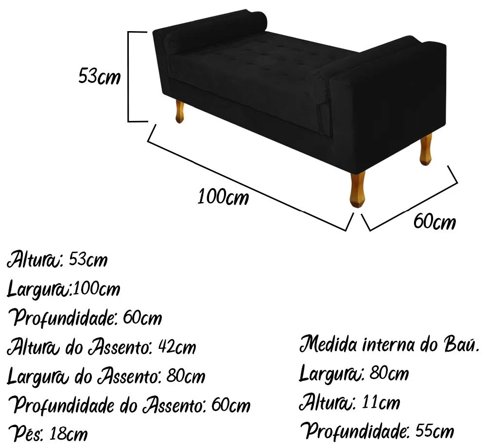 Recamier Félix Solteiro 100cm Suede Preto - ADJ Decor