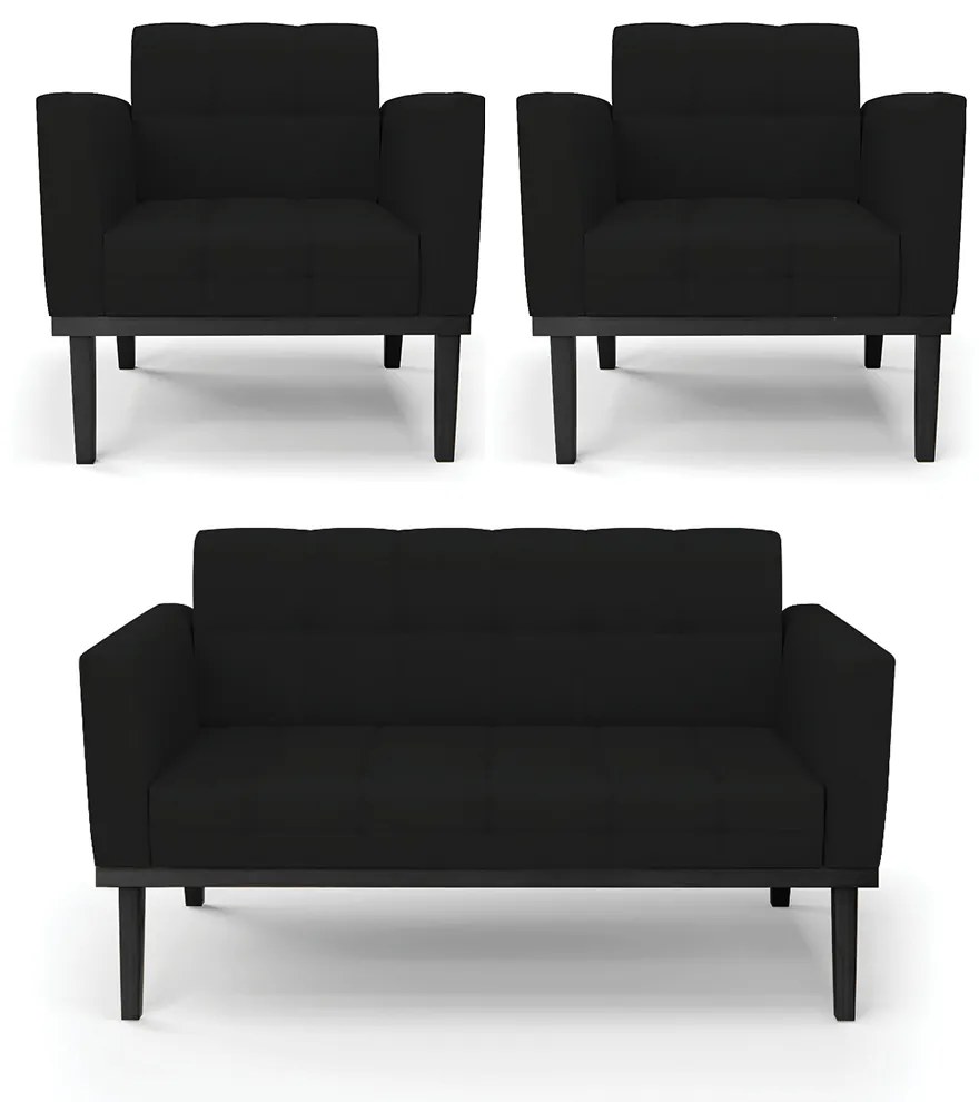 Conjunto 2 Poltronas e 1 Namoradeira Decorativa Karen Pés Fixo em Madeira Preto Linho Preto G19 - Gran Belo