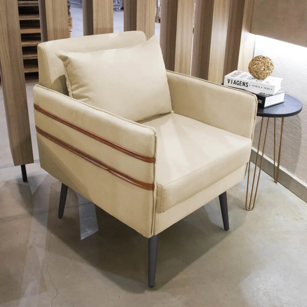 Poltrona Mari Suede Pés Palito de Ferro Marrom - D'Rossi - Bege