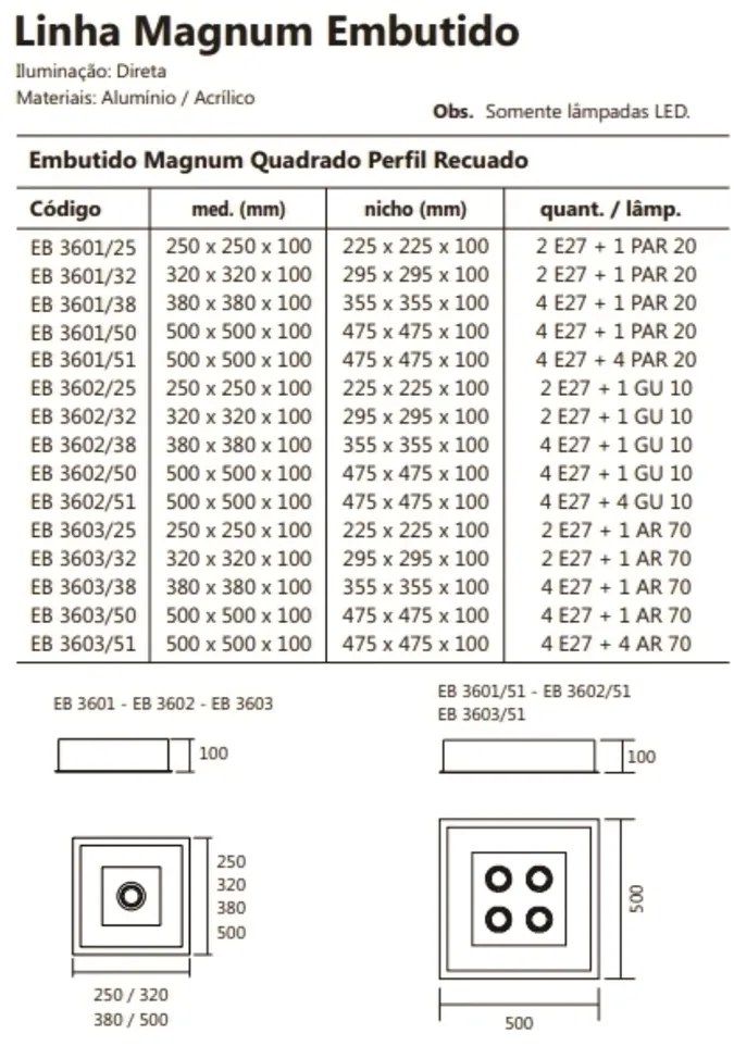 Luminária De Embutir Magnum Quadrado 50X50X10Cm 4L E27 + 04 Ar70 | Usi... (FN-F - Fendi Fosco)