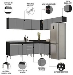 Armário de Cozinha Modulado de Canto 7 Peças CP24 com Pia Inox Preto/C