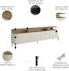 Rack TV 55 Pol 180cm Portas Lisas Blen Louro/Luna/Preto I06 - Mpozenat