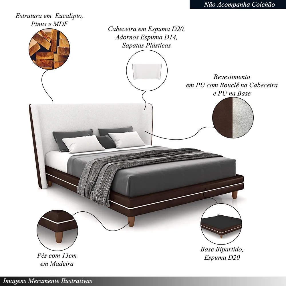 Conjunto Cama com Cabeceira Casal Torres Pés em Madeira PU/Bouclê Marrom/Off White G91 - Gran Belo
