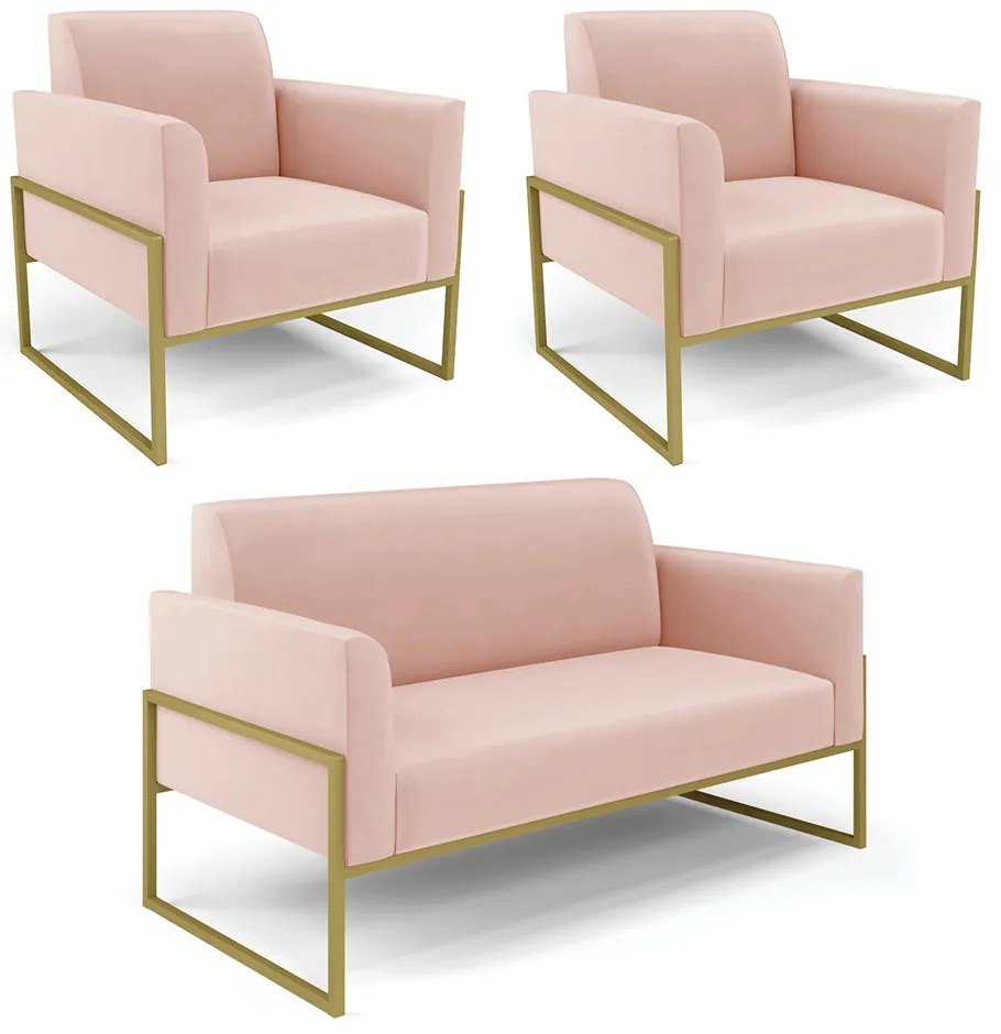 Sofá Namoradeira com 2 Poltronas Base Industrial Alta Dourado Marisa Veludo - Rose